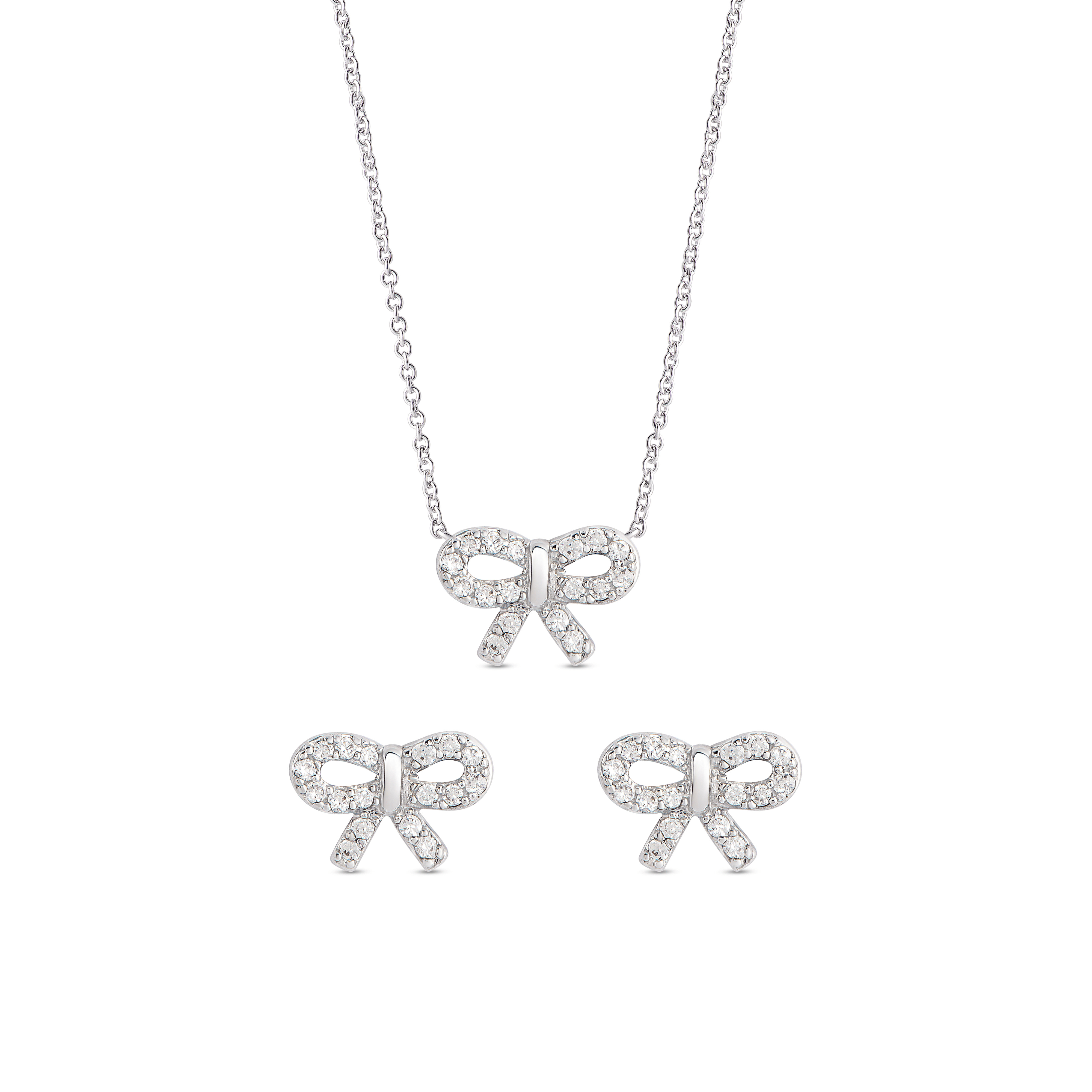 CZ Bow Pendant & Stud Earrings Set (Silver)