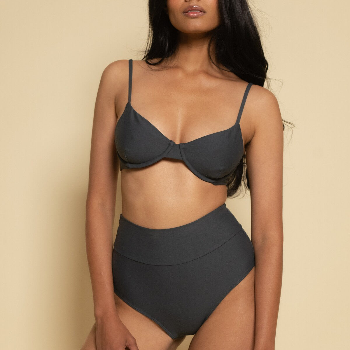 Charcoal Added Coverage High Rise Bikini Bottom