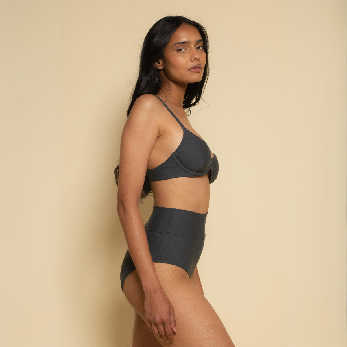 Charcoal Added Coverage High Rise Bikini Bottom