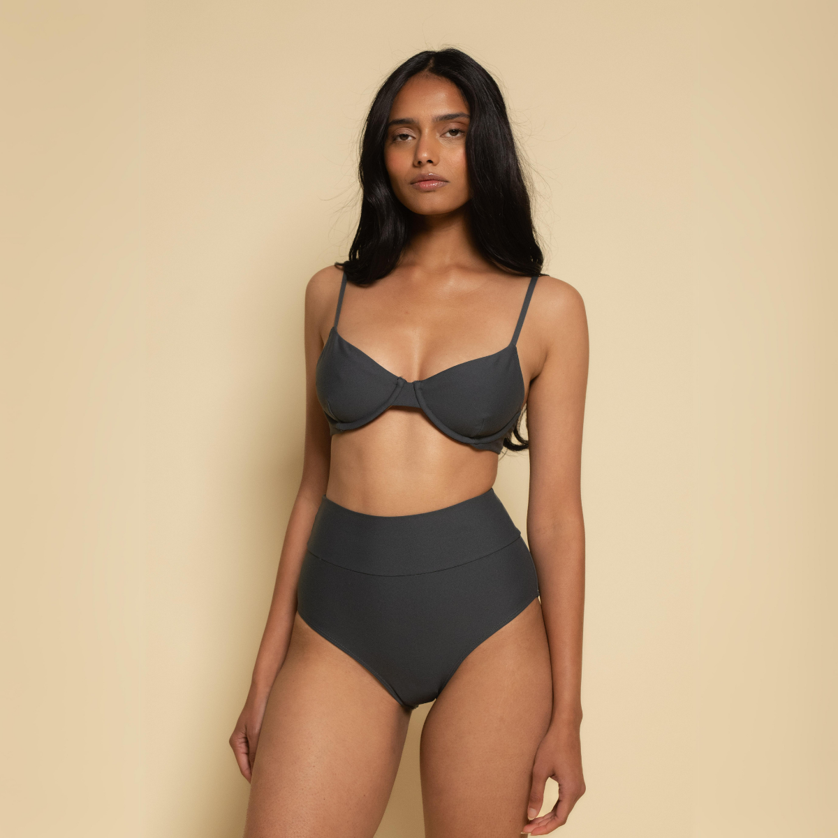 Charcoal Full Coverage High Rise Bikini Bottom