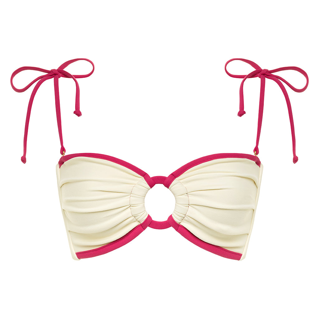 Cream Raspberry Binded Tori Ties Bandeau Bikini Top