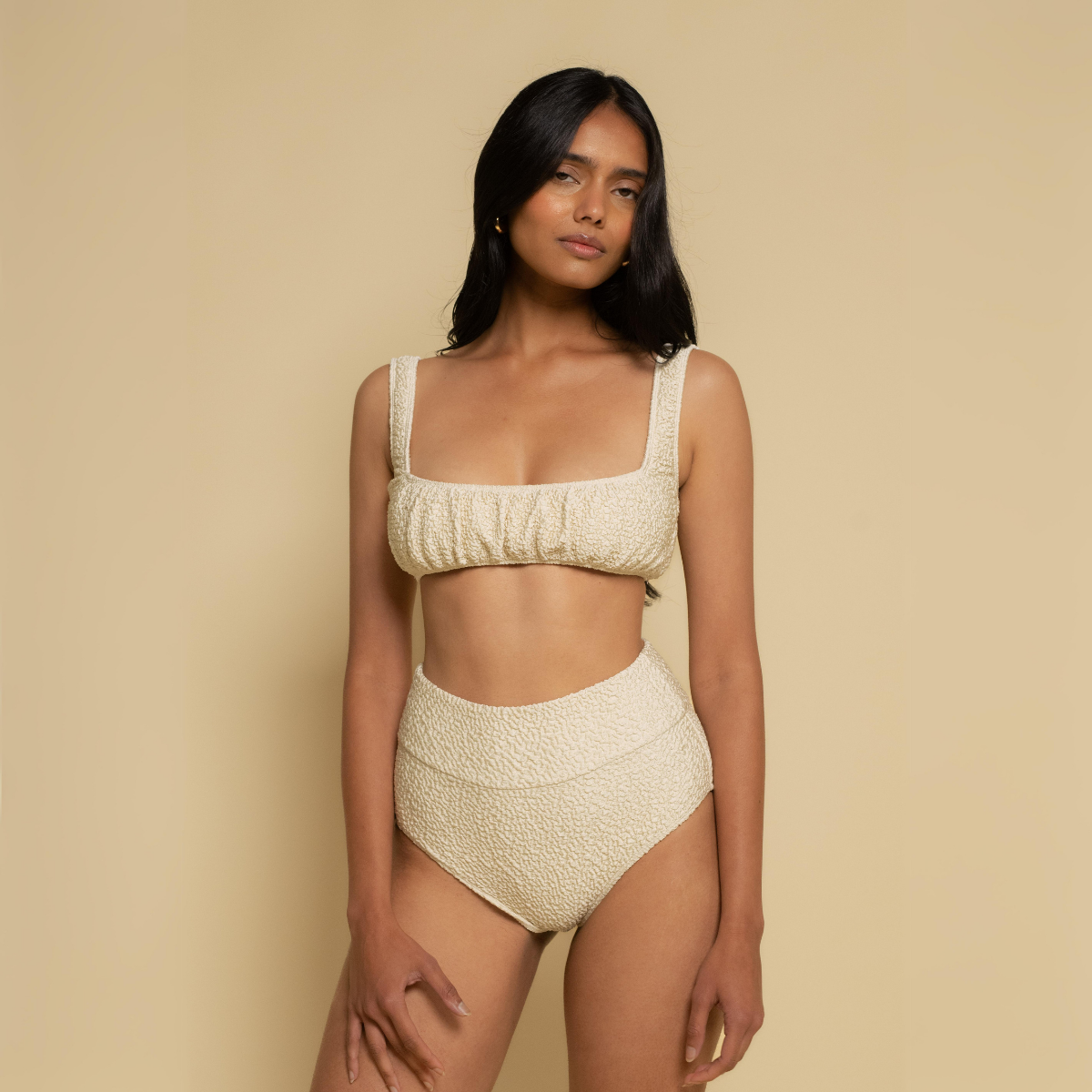 Oat Texture Added Coverage High Rise Bikini Bottom