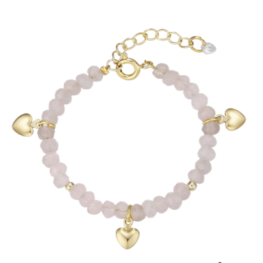 Rose Quartz Bead Bracelet with Heart Charms